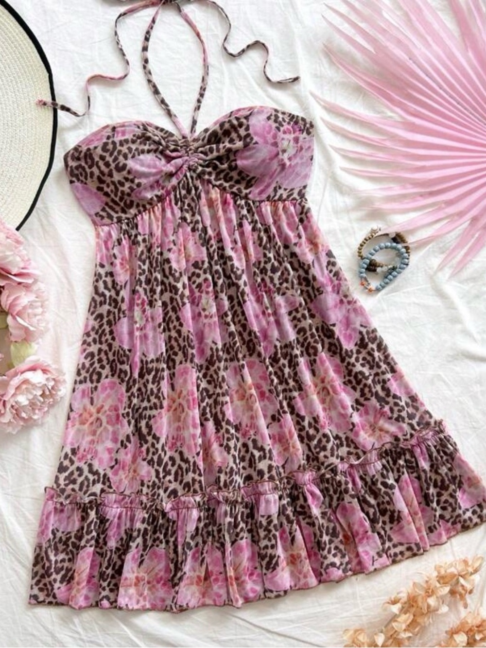 Pink Floral Leopard Print Halter Sundress
